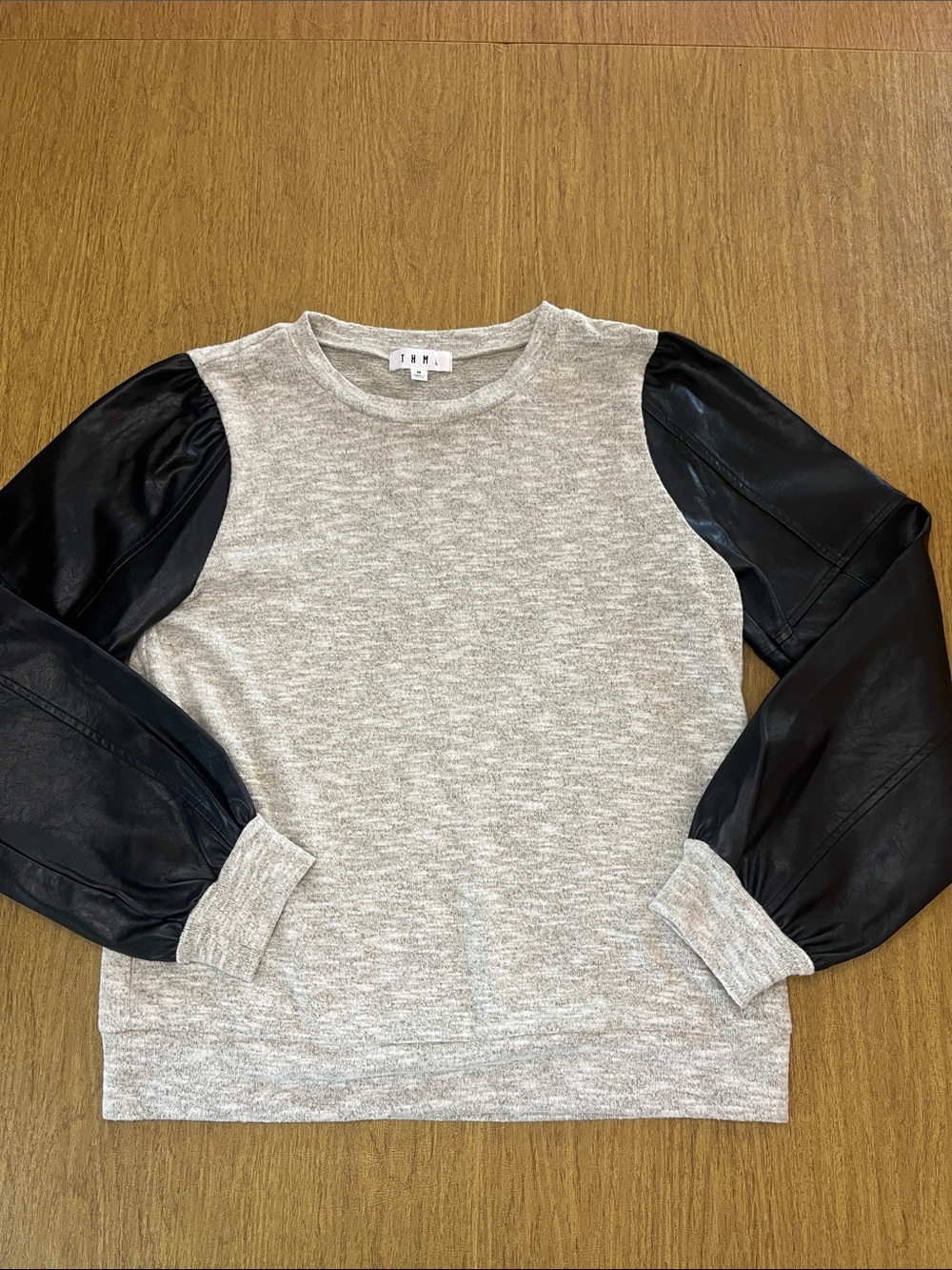 THML  Heather Gray Crewneck Sweater with Black Faux Leather Sleeves, Sz M